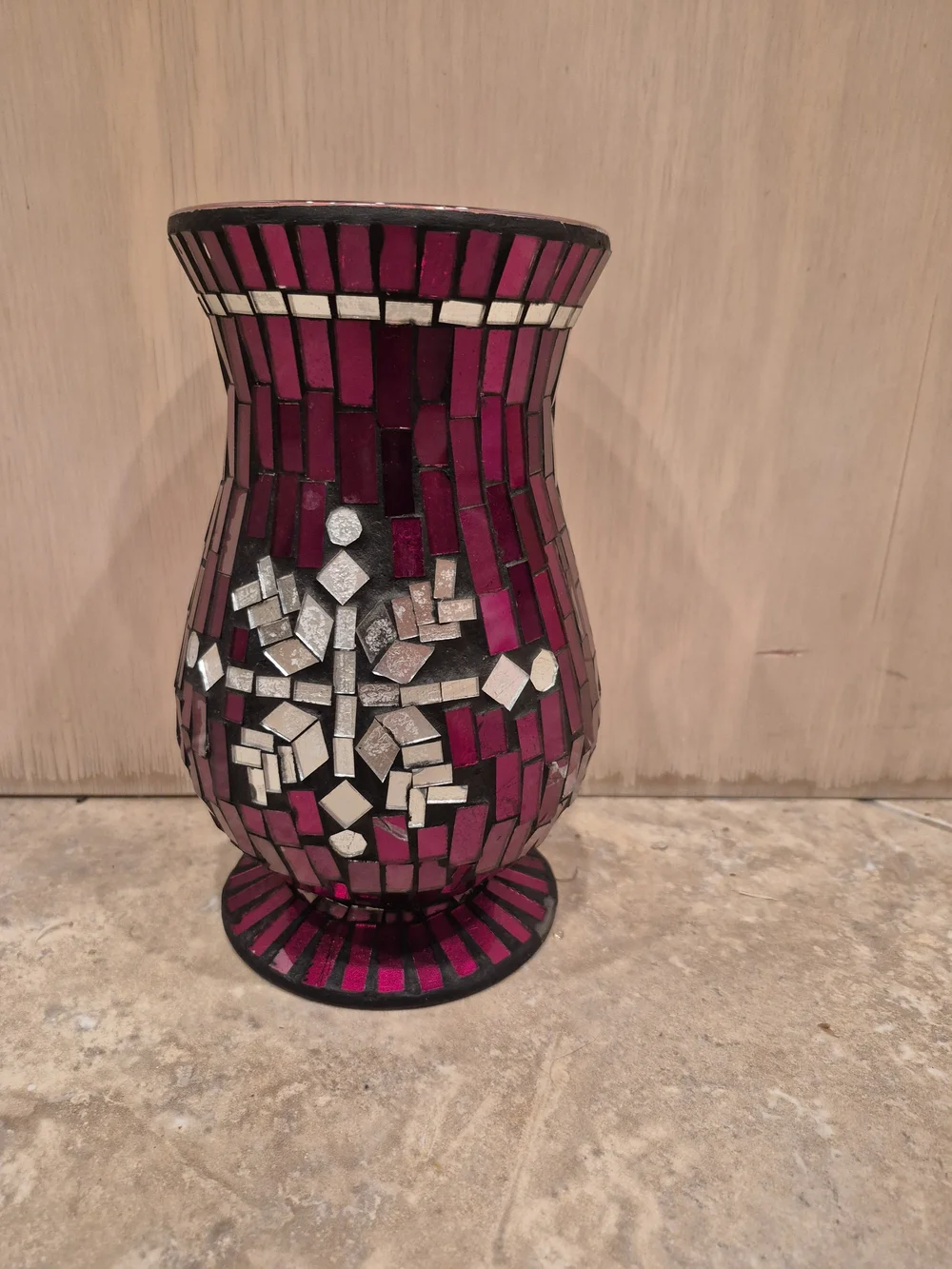 Handcrafted Red Mosaic Glass Vase with Silver Accents